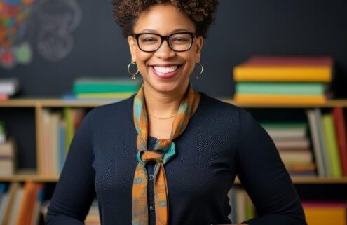 Smiling teacher looking at camera. The teacher is a Black woman wearing glasses and a thin scarf.