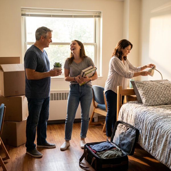 College readiness intensive students moving into college dorm Family helping a student move into a college dorm room